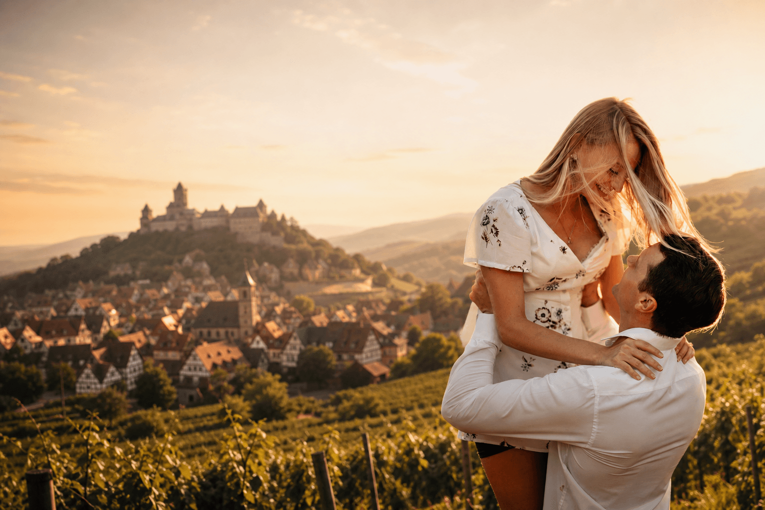 A couple embracing above the village of Kintzheim in Alsace, France at golden hour