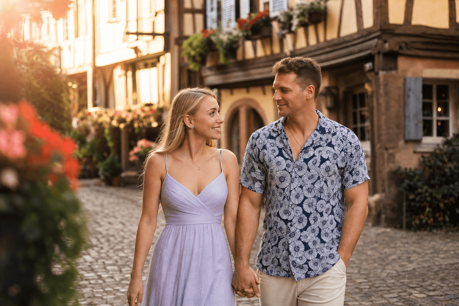 A couple walking through a European village street